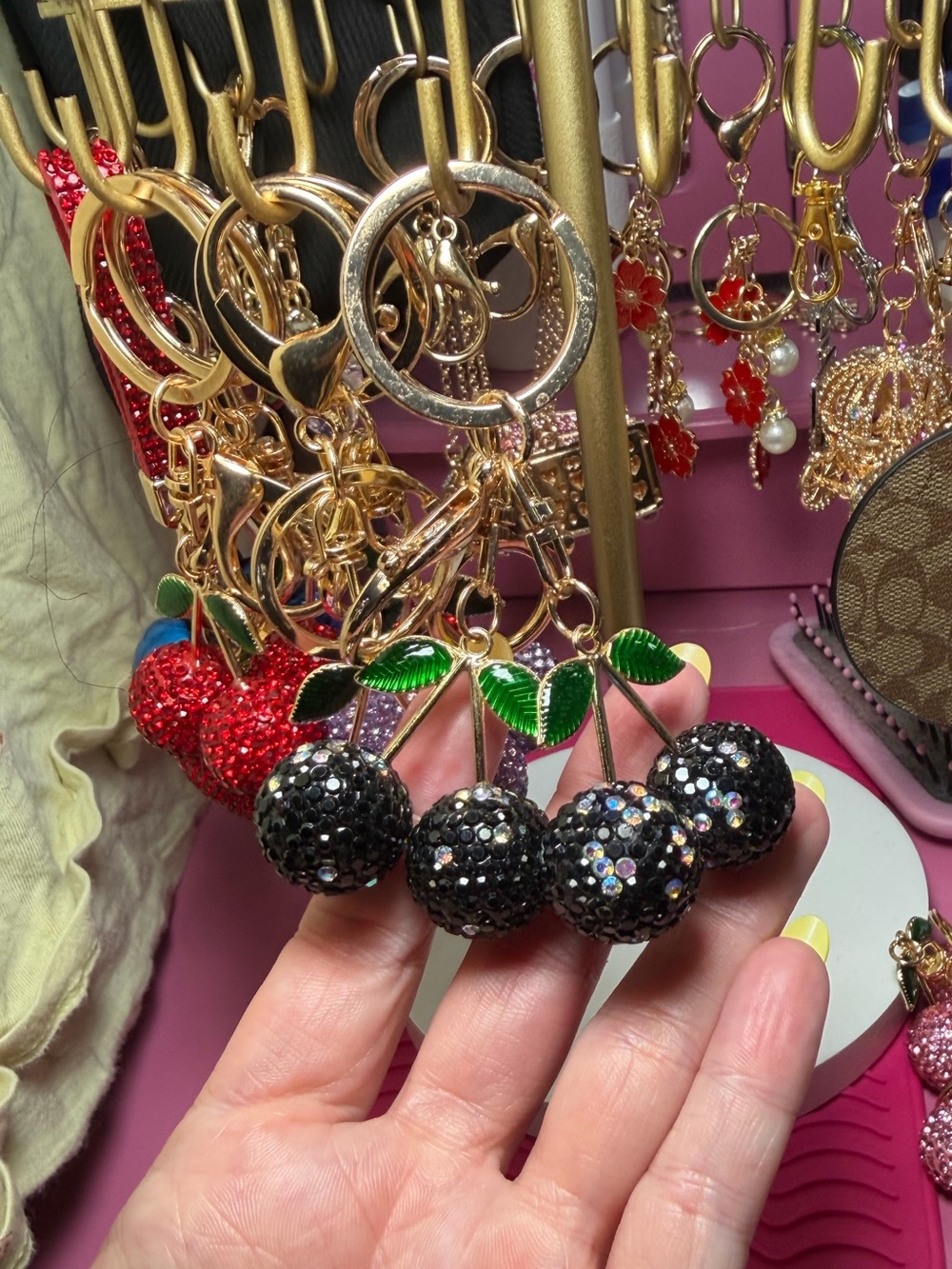 Black Crystal Cherry Keychain Charm with Green Enamel Leaves